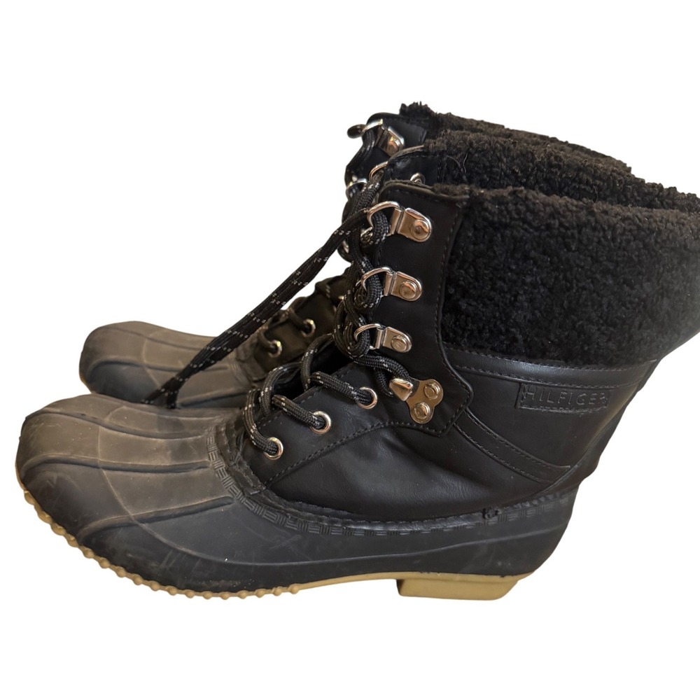 Tommy Hilfiger Rian Black Winter Duck Boots Women's Size 9M Faux Fur Trim